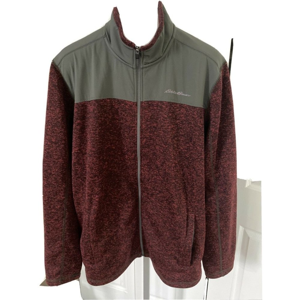 Eddie Bauer Men's XL TALL XLT Burgundy/Gray  Fleece Knit Full Zip  Jacket